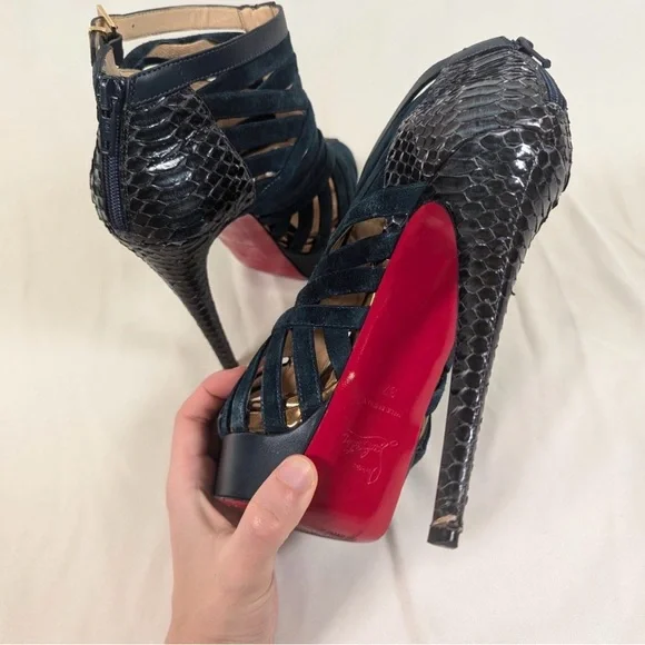 Christian Louboutin Karina Teal Suede Python Booties EU 37 (US 6–6.5) - Picture 4 of 8